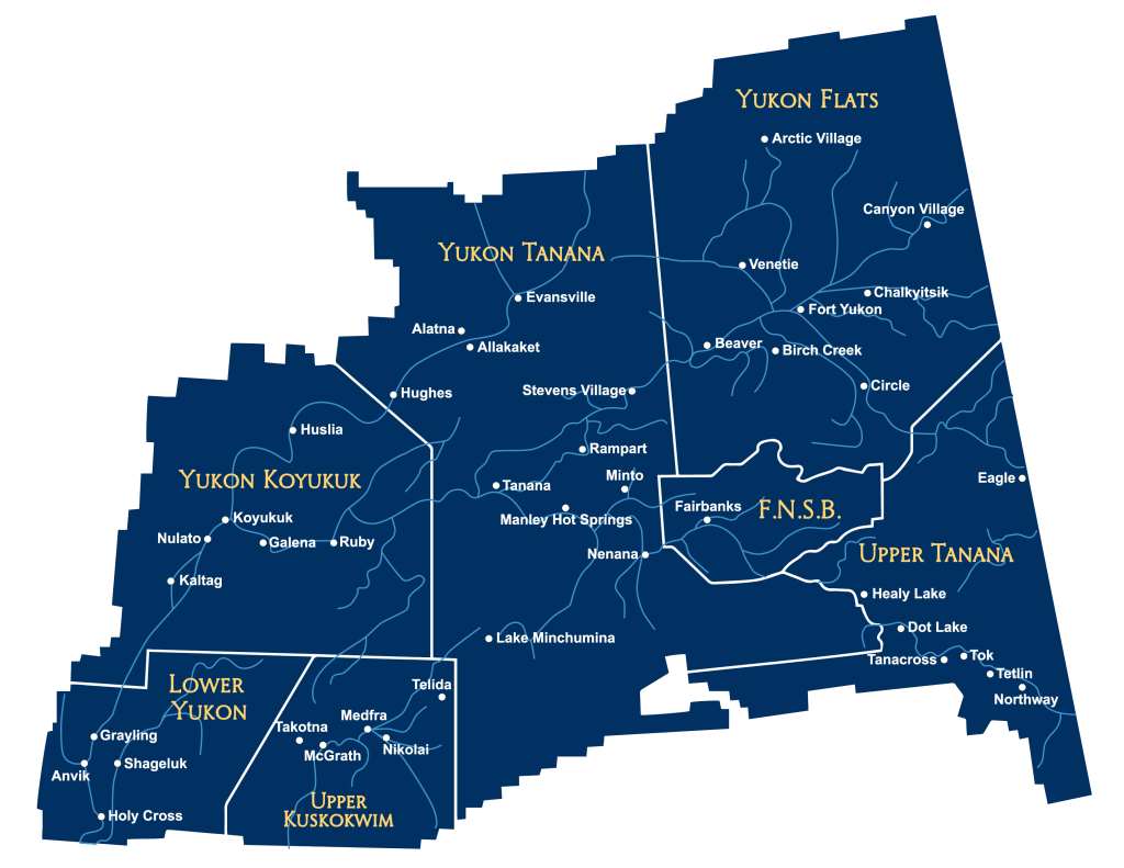 Map of communities that are part of Tanana Chiefs Conference displaying which villages are in specific subregions.