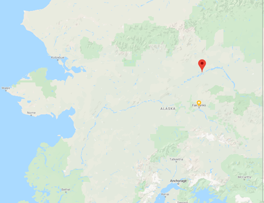 Map of Alaska showing where Beaver is in relation to Fairbanks.